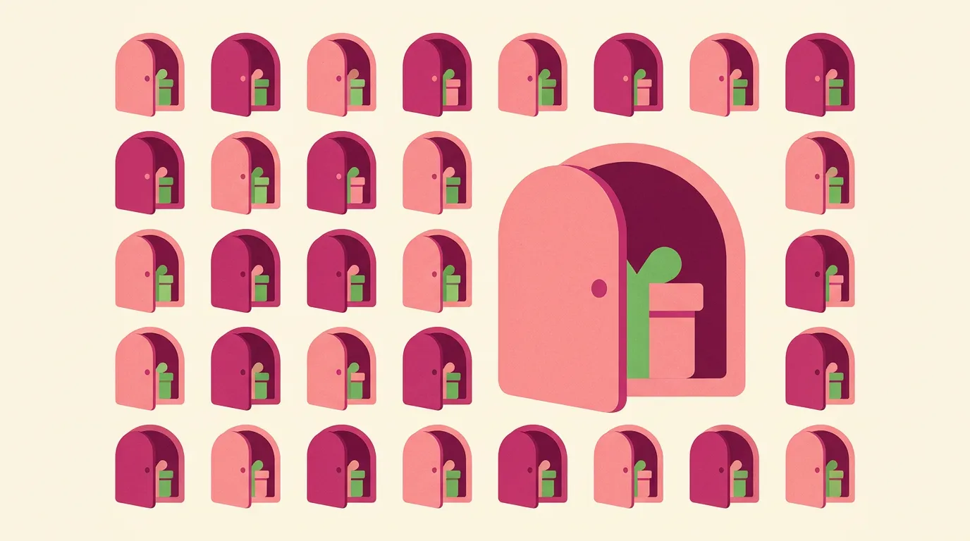 A grid of twenty-four advent doors, a few open on the small prize waiting behind them