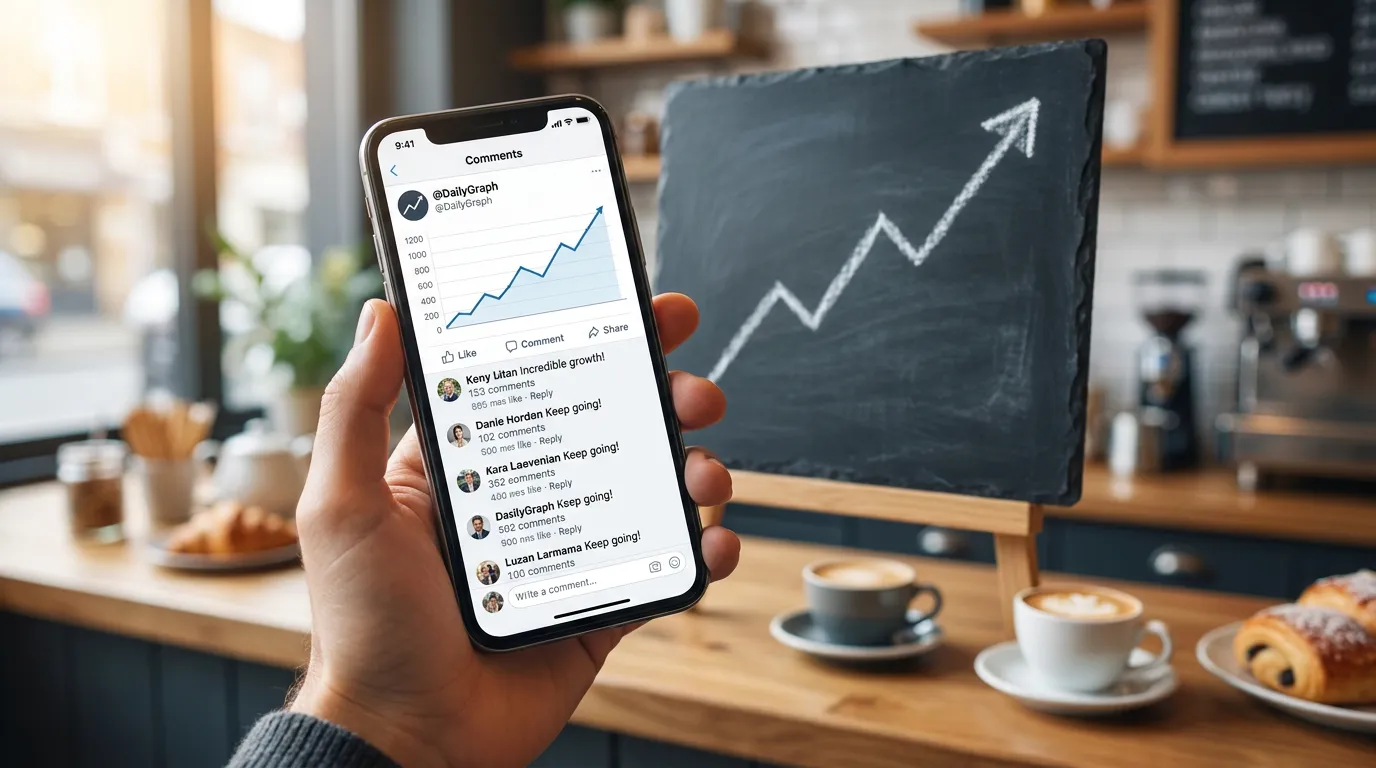 Une main tient un smartphone montrant un long fil de commentaires, devant une ardoise où une courbe monte, dans un café
