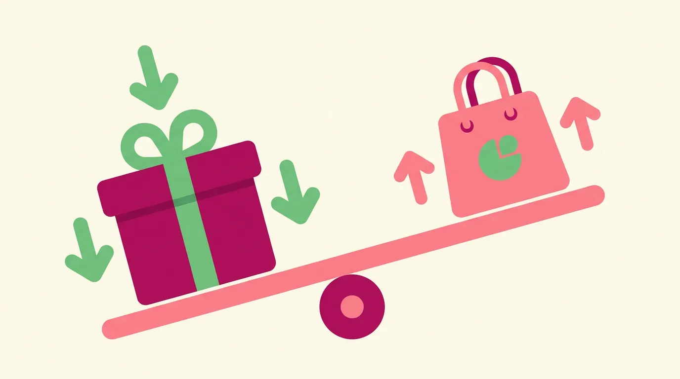 A gift box outweighing a shopping bag on a see-saw, a giveaway chosen over one more discount