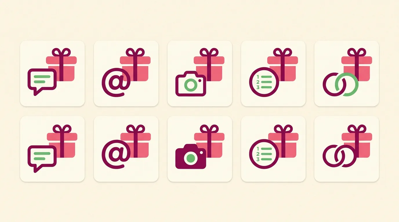 Dix mises en scène de jeux concours Instagram, chacune associant un lot à une mécanique de participation