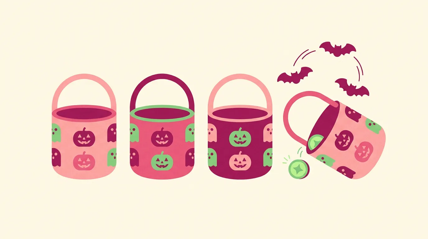 Trick-or-treat buckets with one prize token spilling out, illustrating Halloween giveaway mechanics