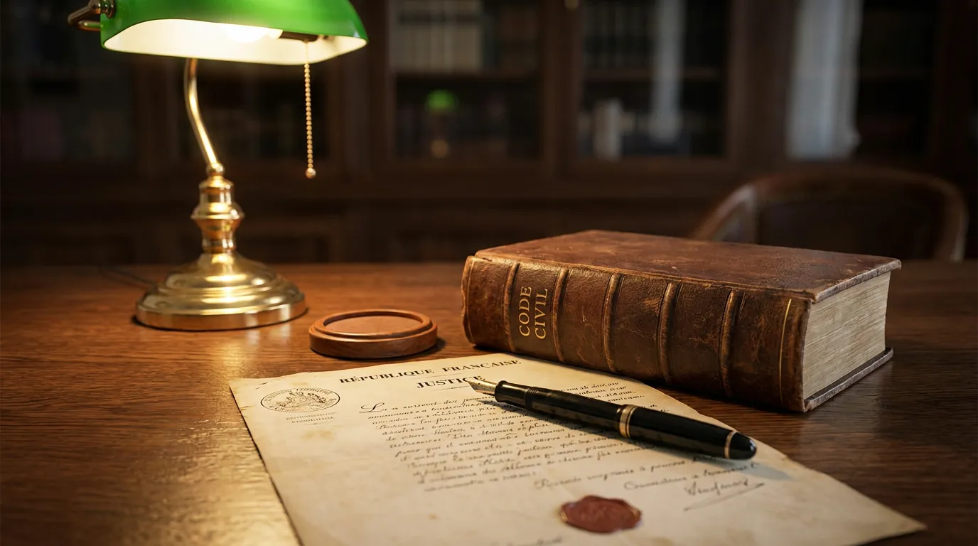 Un document officiel de la République française et un stylo plume près d'un code civil, sous une lampe de bureau verte