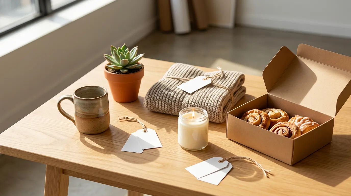 Des lots de jeu concours alignés sur une table en bois : mug, plante, écharpe, bougie, viennoiseries et étiquettes vierges