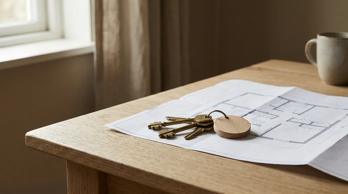Un trousseau de clés avec un porte-clés en bois posé sur un plan d'appartement plié, sur un bureau en chêne clair