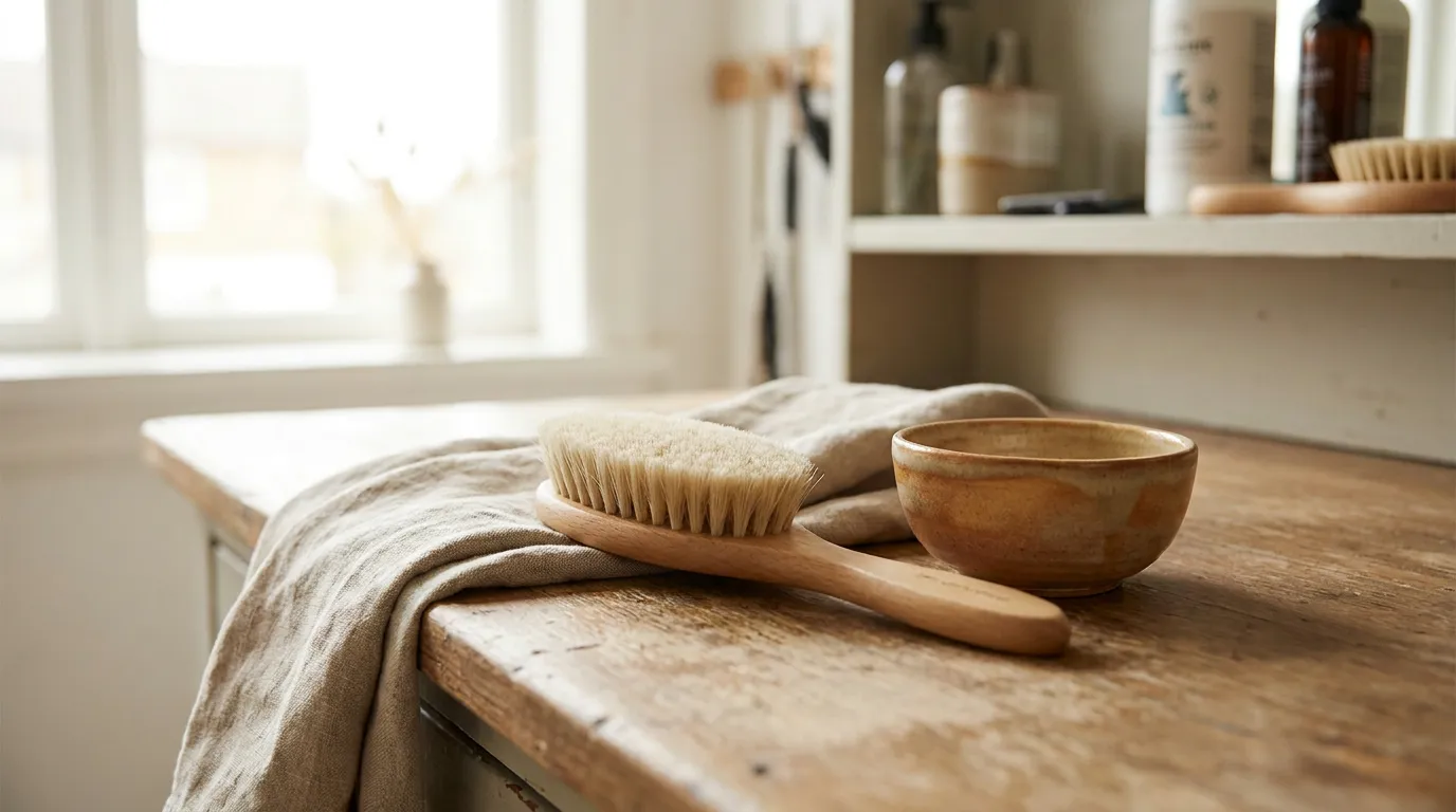 Un comptoir de toilettage avec une brosse douce, une serviette pliée et un petit bol en céramique en lumière naturelle