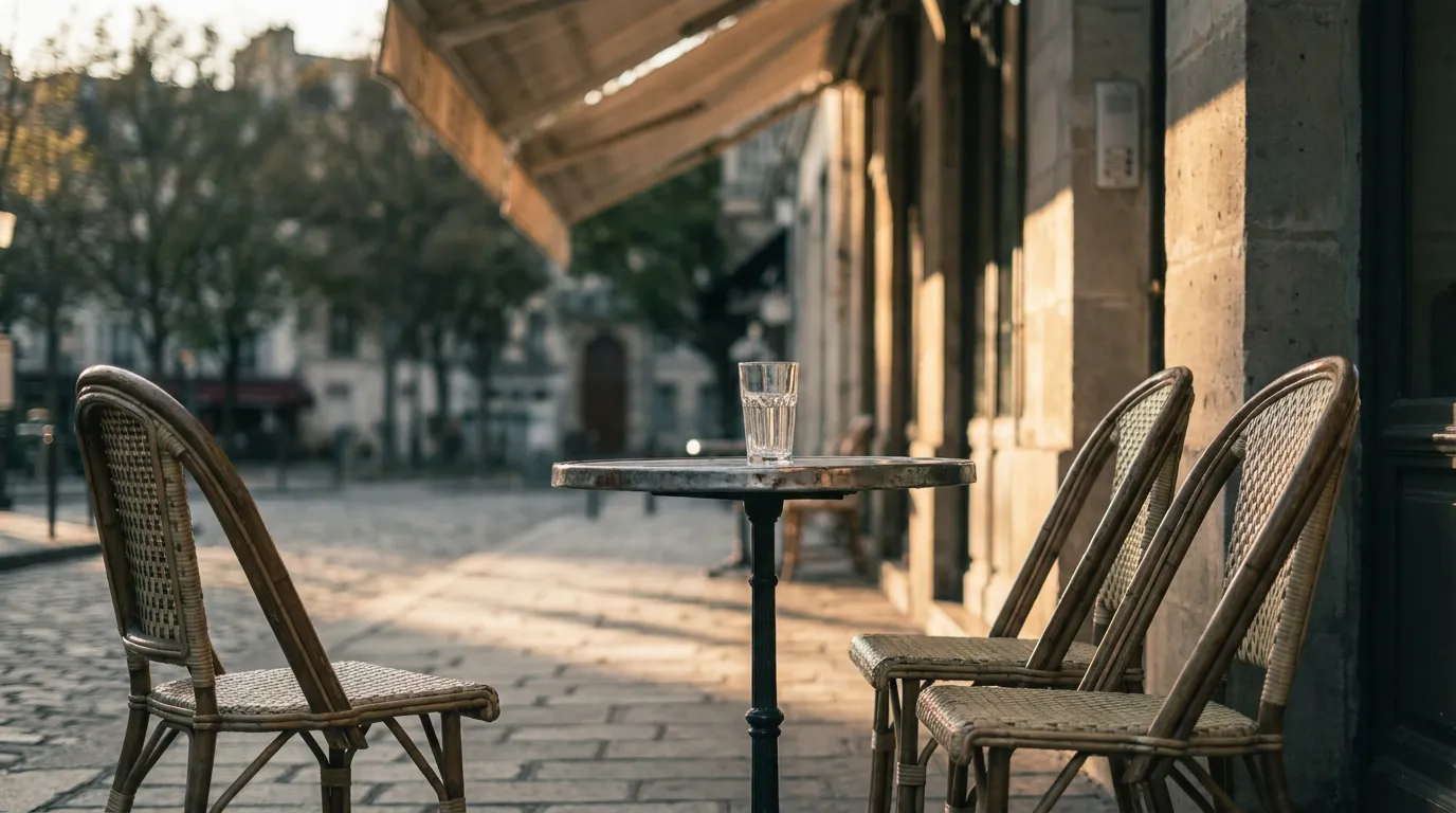 Une terrasse de café de quartier déserte en fin d'après-midi, deux chaises en rotin et un verre vide sur une table