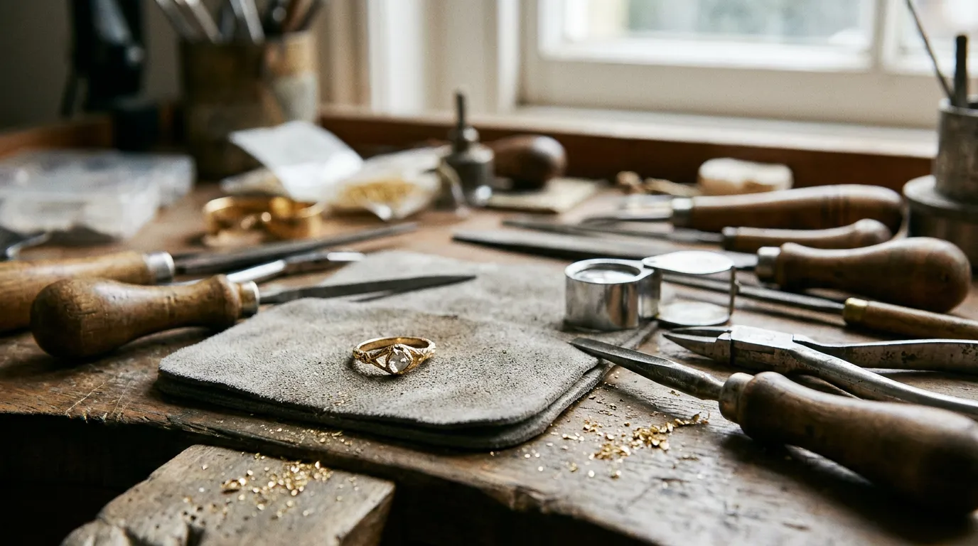 Un établi de bijoutier, une bague posée sur un tapis de daim gris à côté d'outils fins, en lumière naturelle