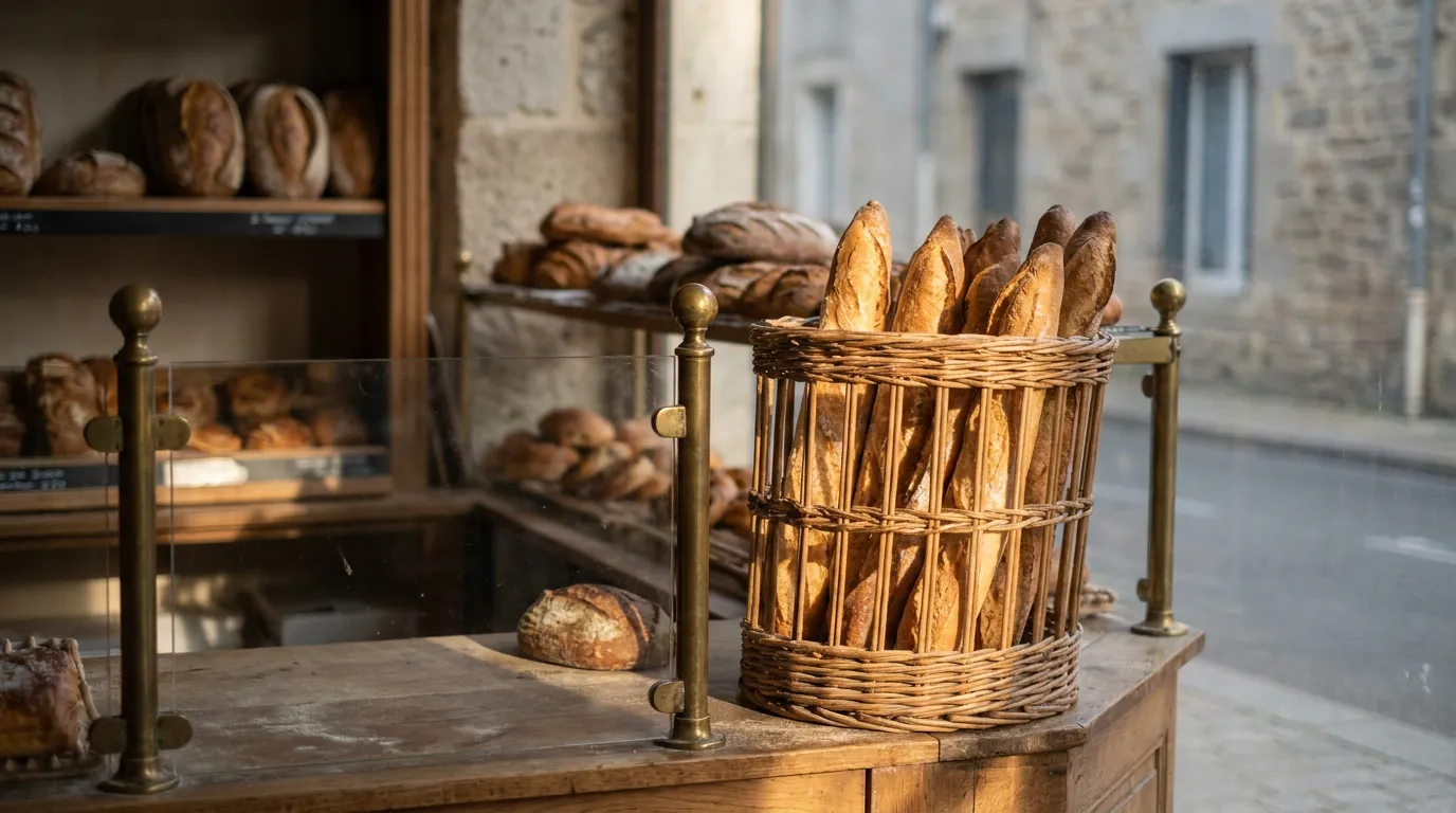 Le comptoir d'une boulangerie artisanale au petit matin, baguettes dans un panier en osier sous une lumière chaude