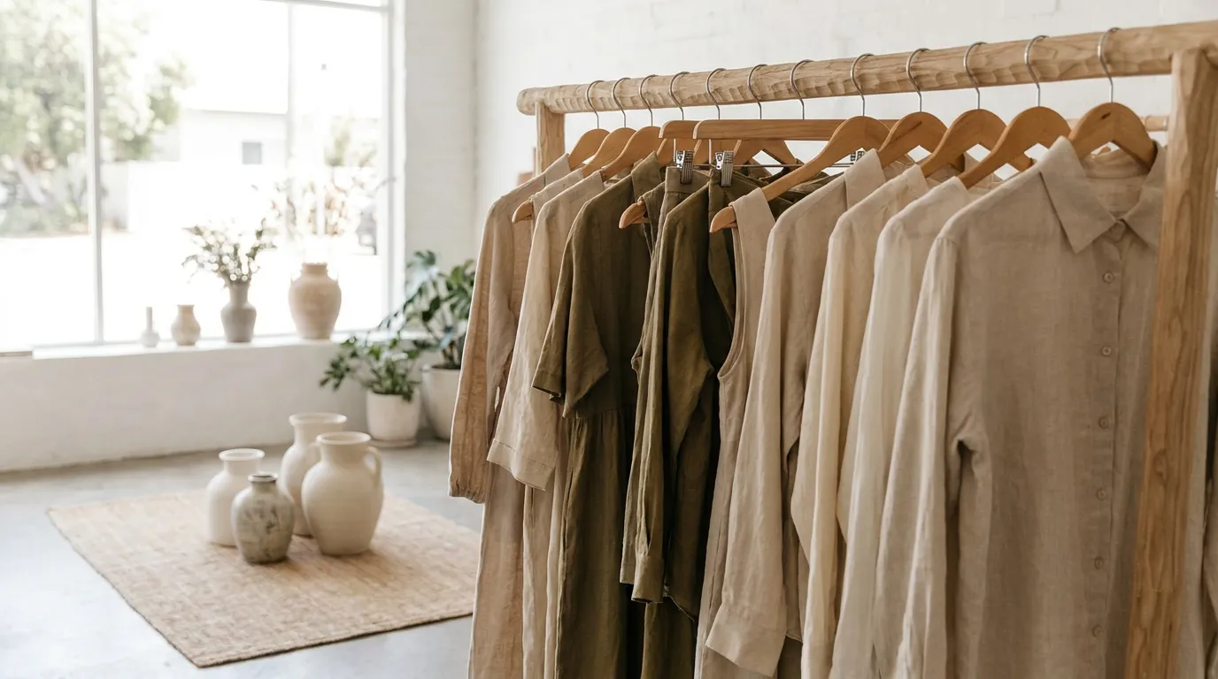 Un portant en bois avec quelques pièces en lin dans une boutique indépendante baignée de lumière naturelle