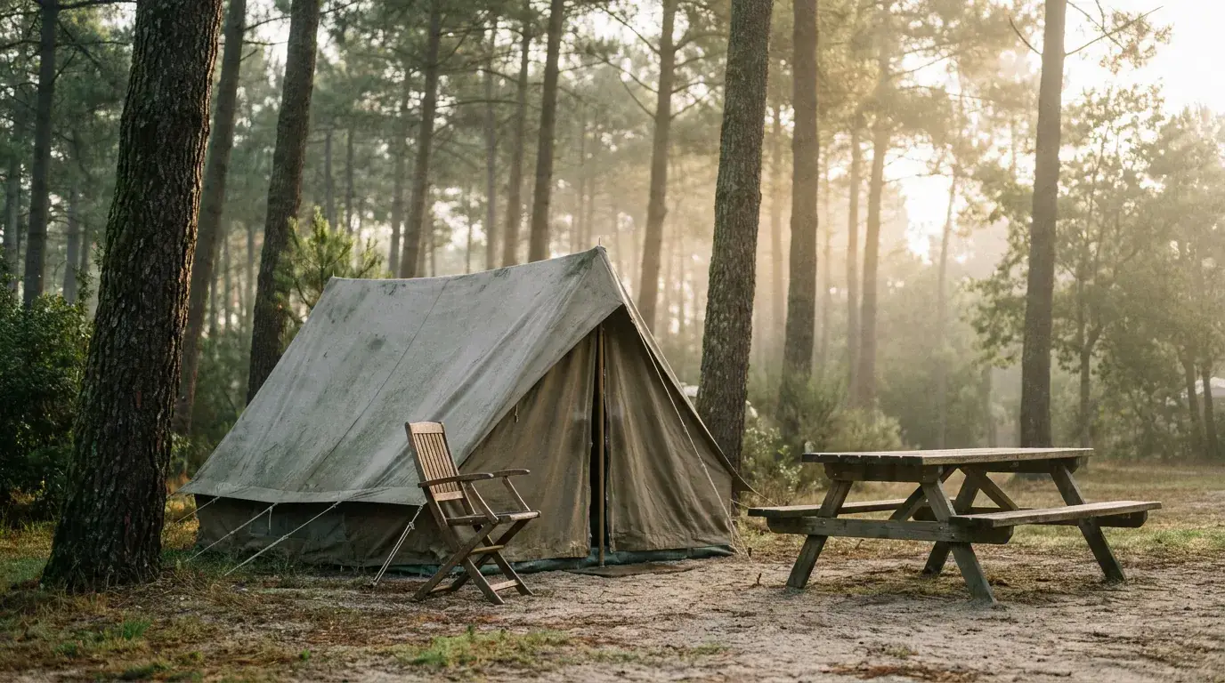 Un emplacement de camping au petit matin sous les pins, tente en toile, chaise pliante et table en bois