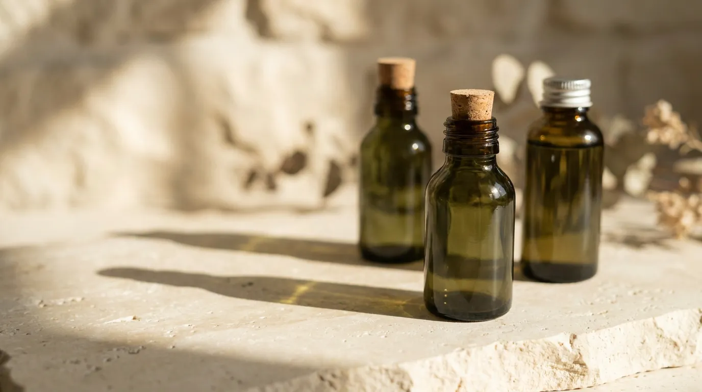 Trois flacons cosmétiques en verre ambré sans étiquette sur une surface de pierre claire, ombres longues