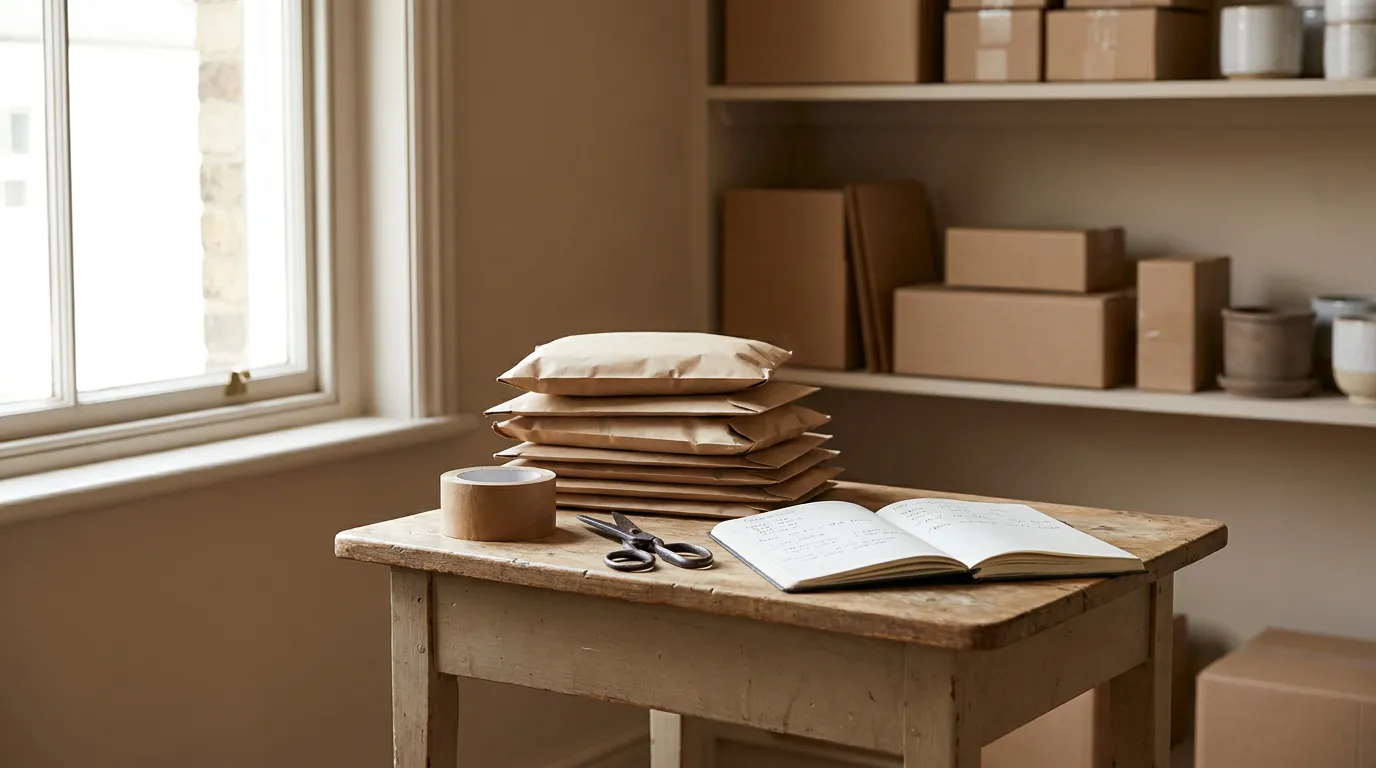 Une table d'expédition e-commerce avec une pile de colis kraft, un rouleau d'adhésif papier et un carnet