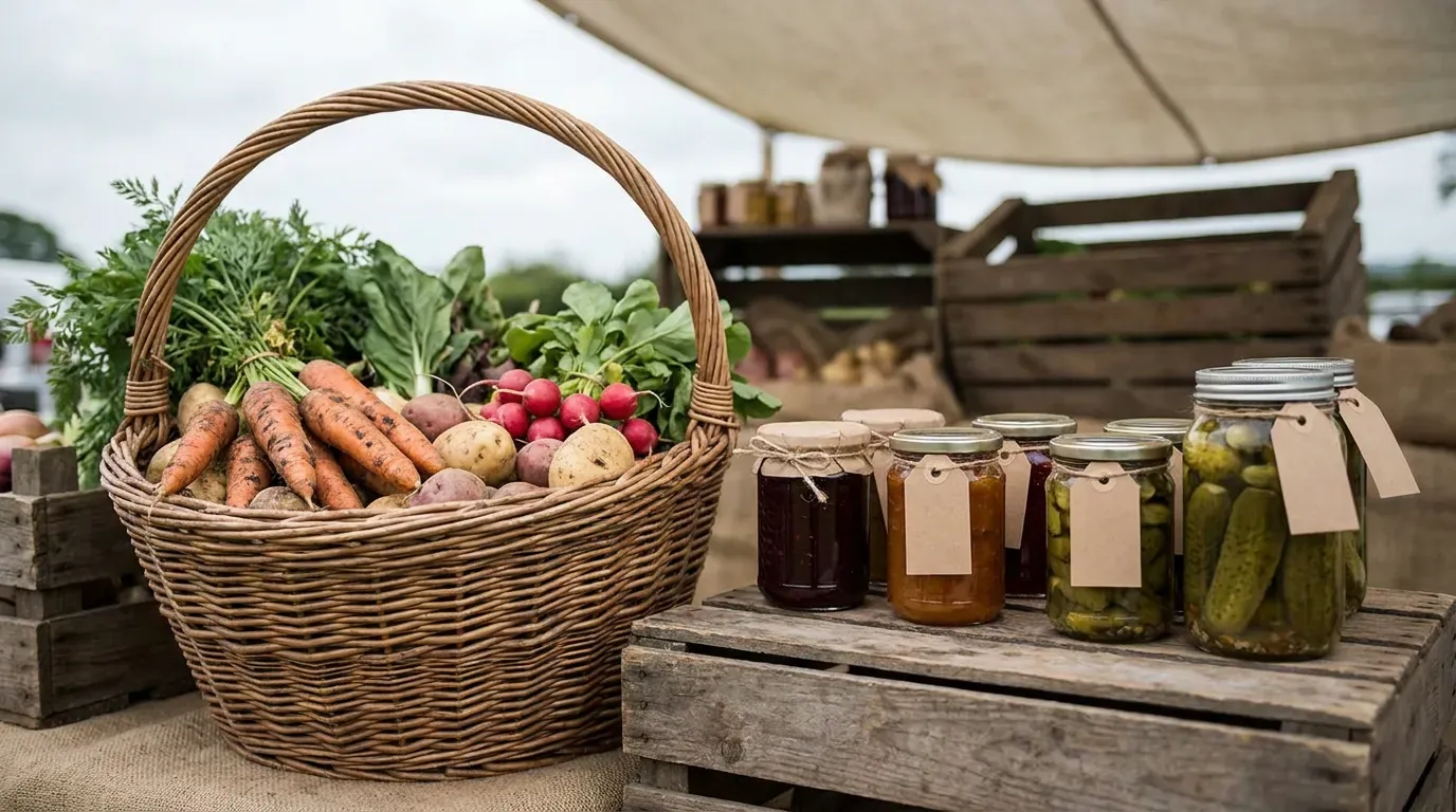 Un étal de marché avec un panier en osier de légumes de saison et des bocaux de conserves sans étiquette