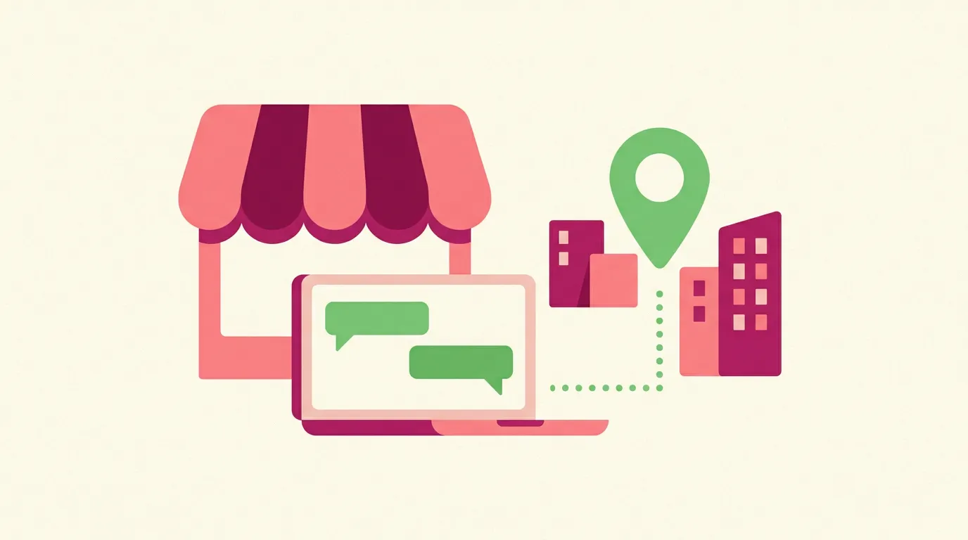 Devanture de commerce et écran de commentaires avec un repère de lieu, jeu concours Facebook local