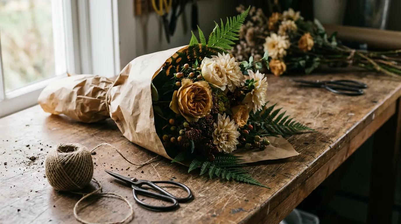 Un établi de fleuriste avec un bouquet de saison à moitié emballé dans du papier kraft, ciseaux et ficelle