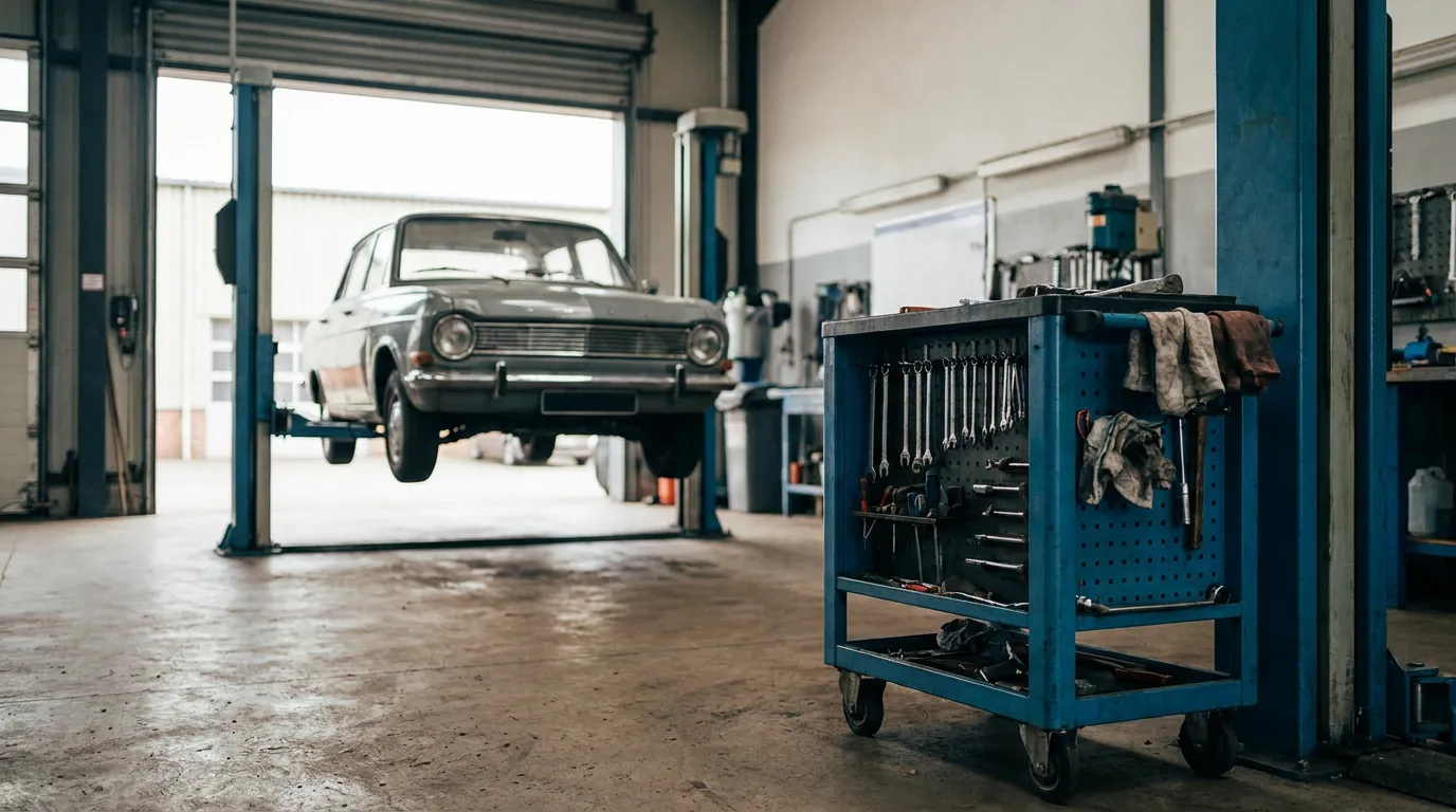 Un atelier de garage indépendant propre, une voiture sur pont au fond et une servante à outils rangée au premier plan