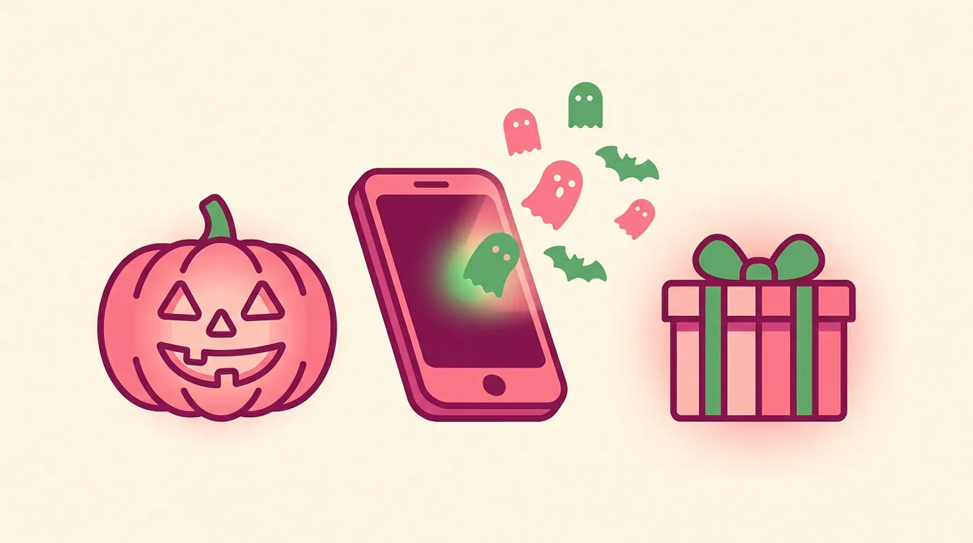 Citrouille d'Halloween et smartphone d'où s'échappent des notifications, jeu concours saisonnier