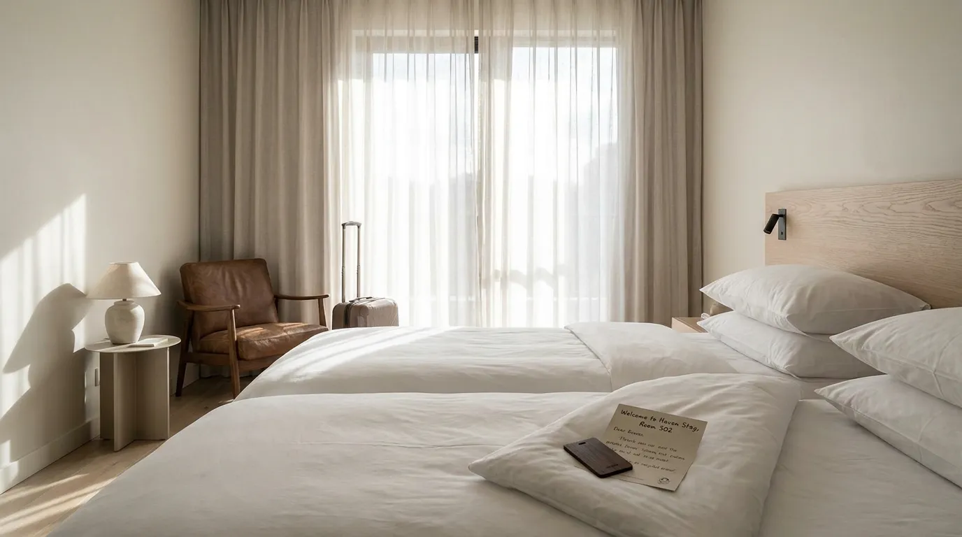 Une chambre d'hôtel épurée aux draps blancs, baignée de lumière du matin, avec un mot de bienvenue posé sur le lit