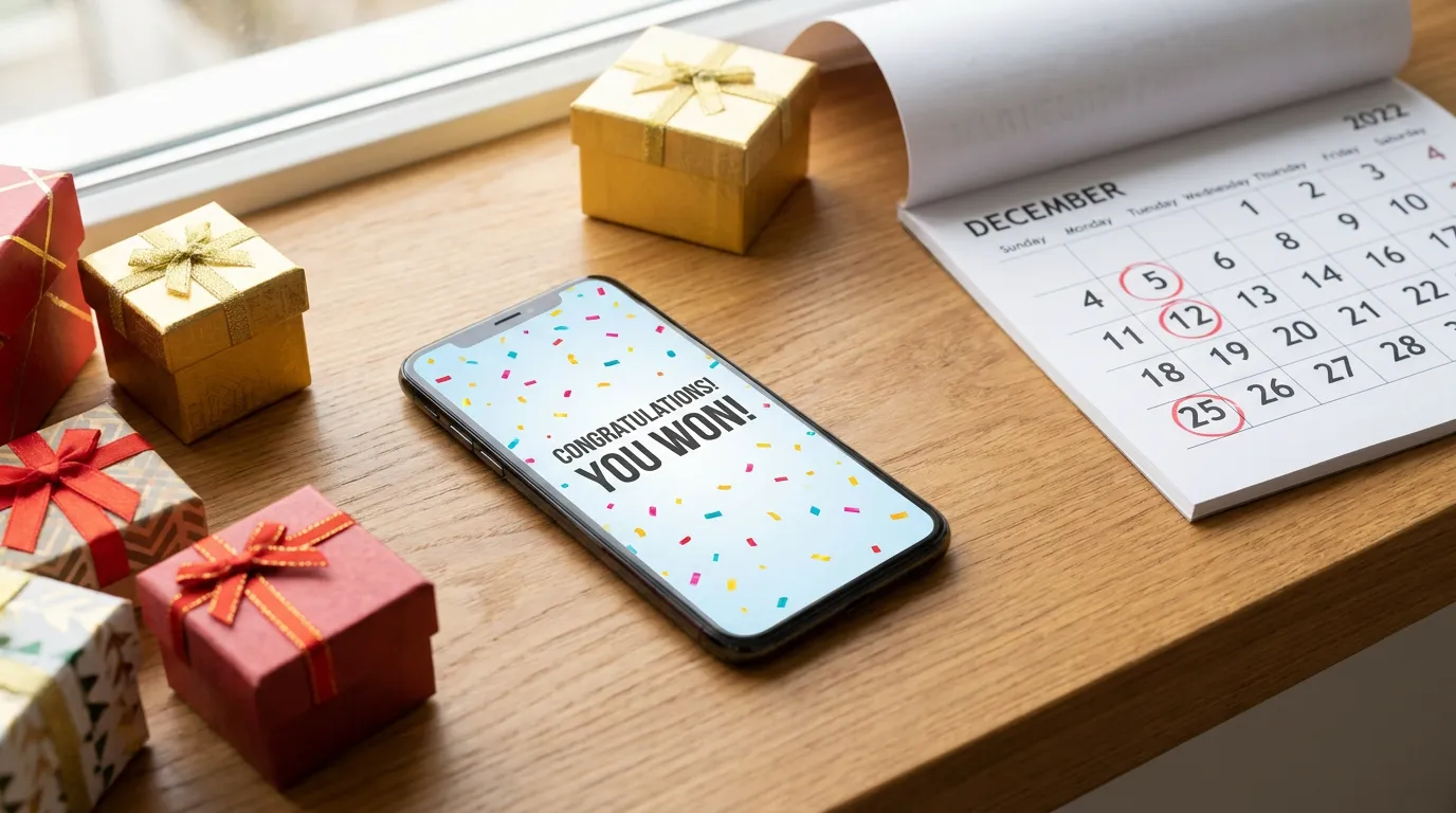 Un smartphone affiche un écran de gain immédiat, entouré de petits cadeaux et d'un calendrier aux dates entourées de rouge