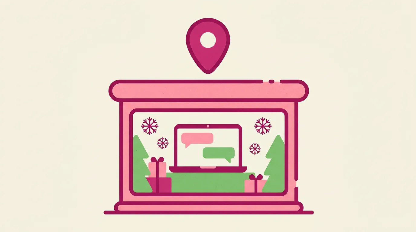 Vitrine décorée pour l'hiver et écran de commentaires, jeu concours de Noël pour un commerce local