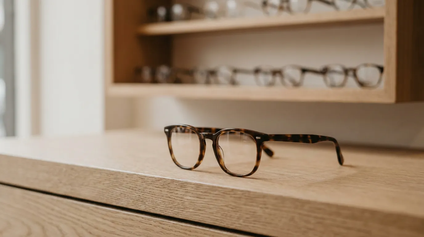 Une paire de lunettes en acétate posée sur le comptoir clair d'un opticien, présentoir de montures flou en fond