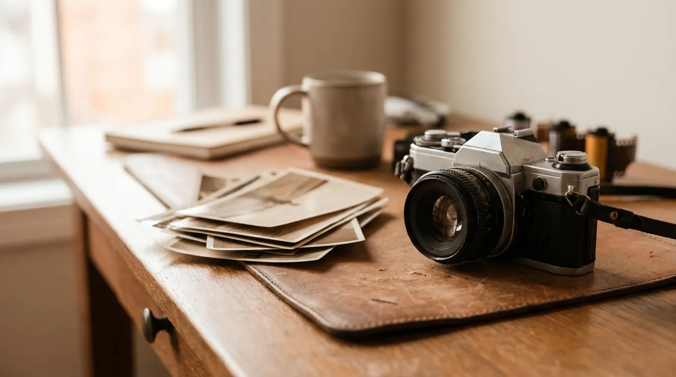 Un bureau de photographe avec un appareil argentique posé près d'une pile de tirages retournés, lumière douce