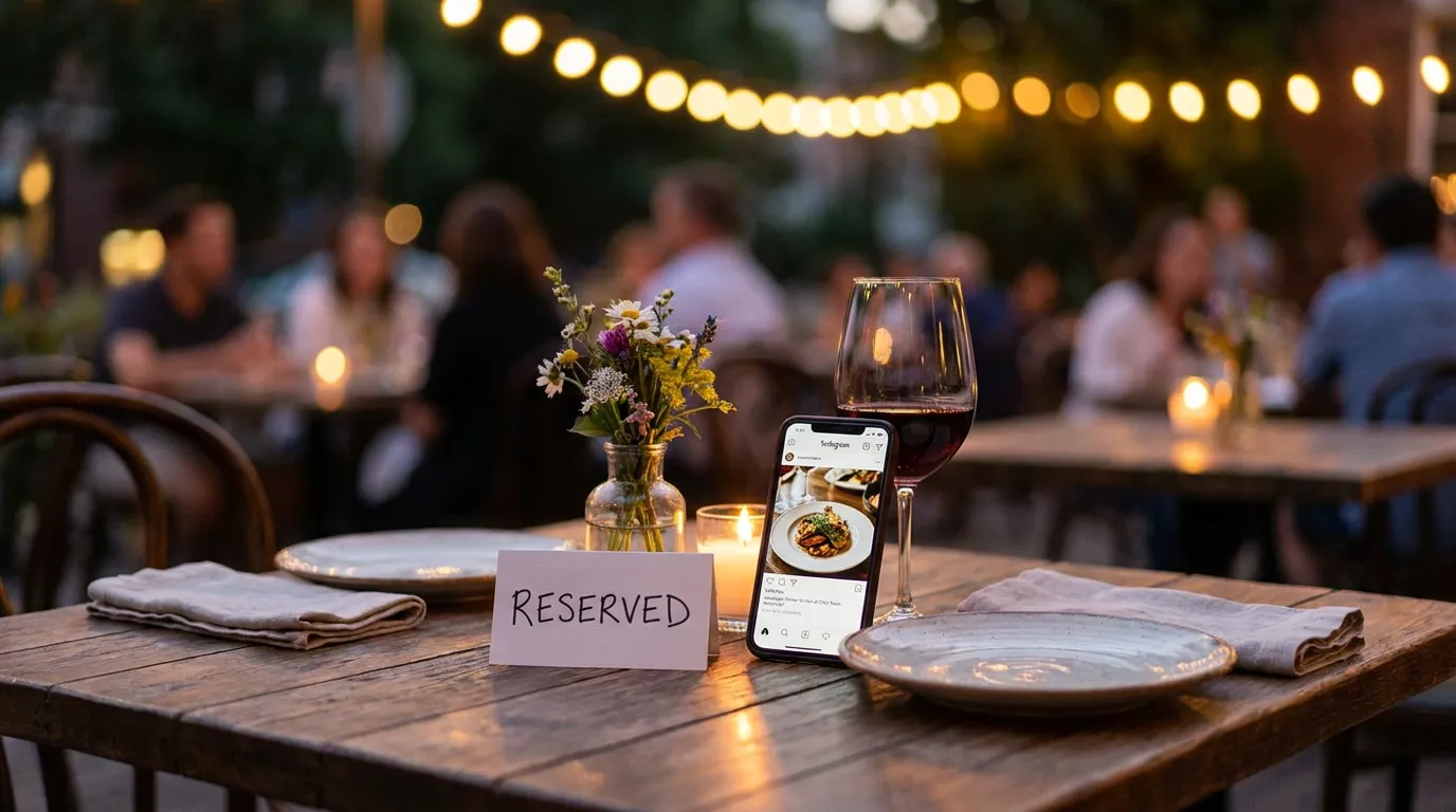 Une table de restaurant dressée pour deux avec un carton Réservé et un smartphone montrant une publication, en terrasse
