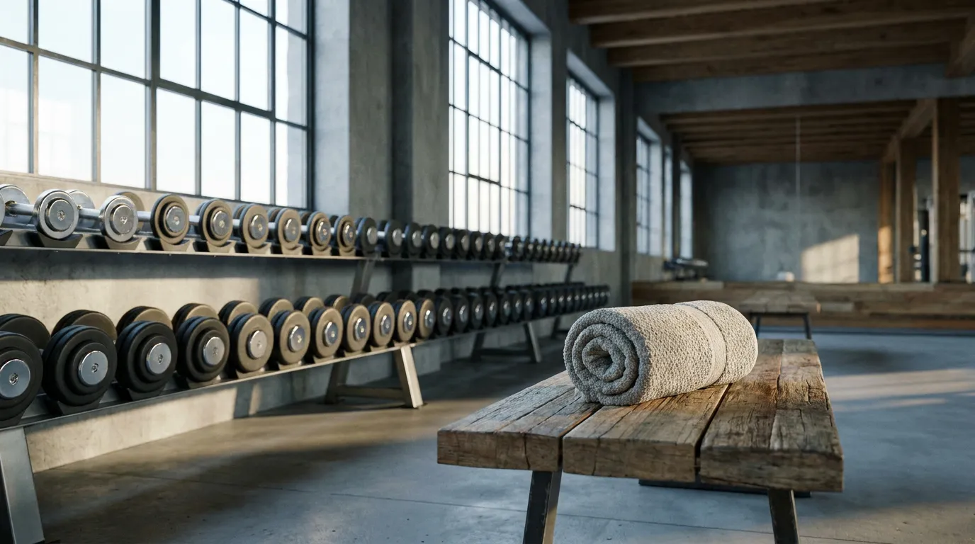 Une salle de sport vide au petit matin, rack d'haltères et serviette roulée sur un banc dans une lumière douce