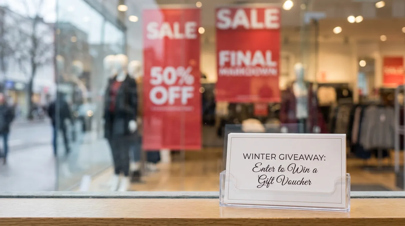Une vitrine de boutique en soldes affichant 50 % de remise, avec au premier plan un carton annonçant un jeu concours
