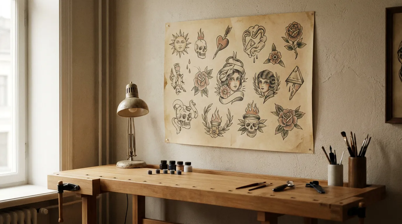 Une planche de flashs dessinés à la main punaisée au mur au-dessus d'un plan de travail de studio de tatouage
