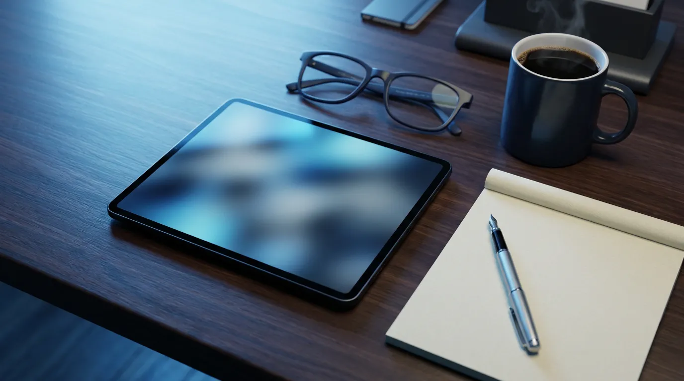 Une tablette au contenu illisible posée sur un bureau sombre, près de lunettes, d'un café et d'un carnet vierge